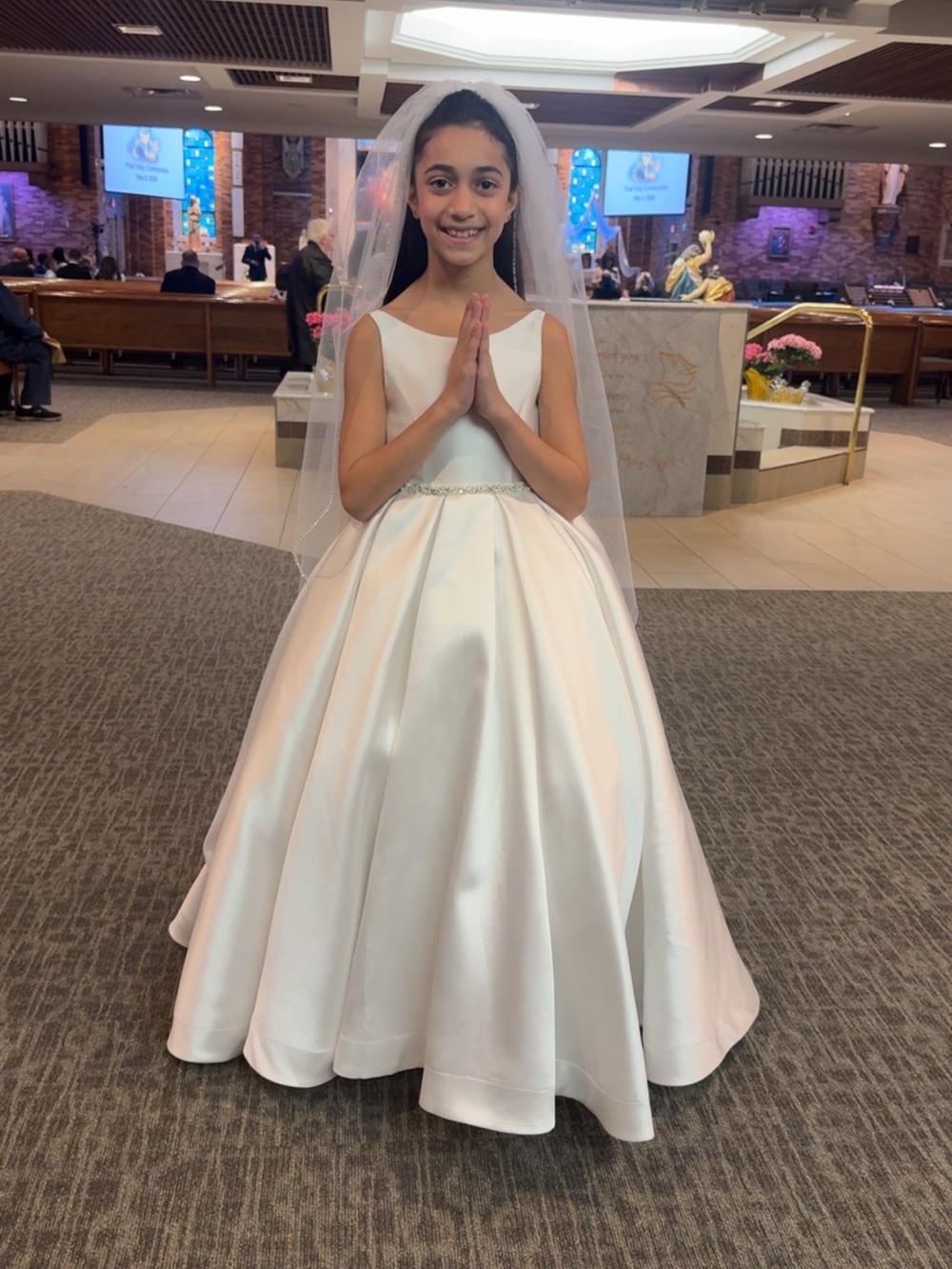 Girls White Satin Communion Dress with Veil. Flower girl dress
